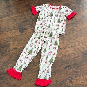 Girls White & Red Holiday Tree Print Pajama Set